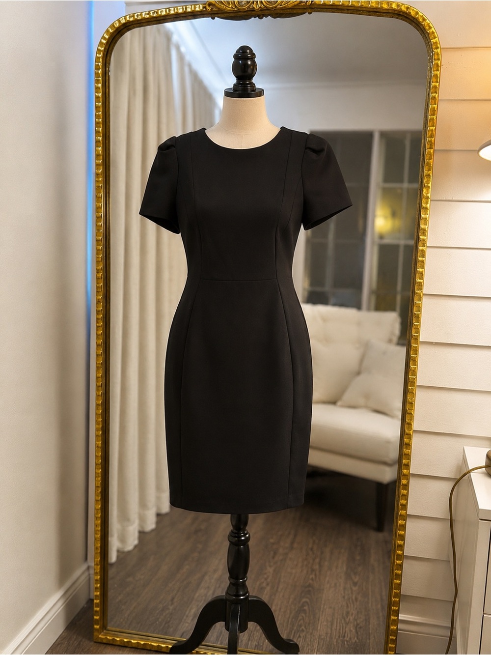 Calvin Klein Black Short-Sleeve Sheath Midi Dress